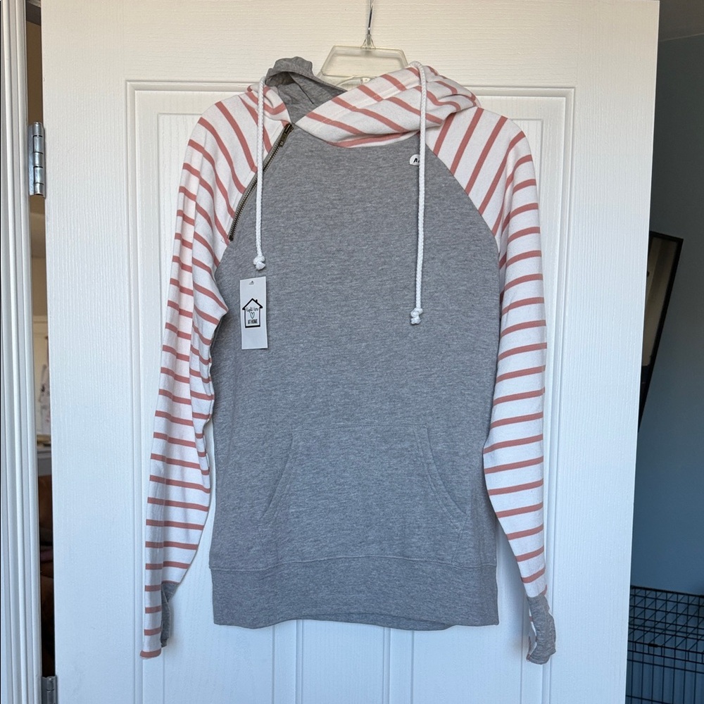 Gray and Pink Striped Hoodie